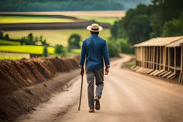 un hombre camina por un camino con un palo en la mano