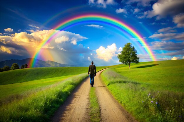 Foto un hombre camina por un camino de tierra con un arco iris en el cielo