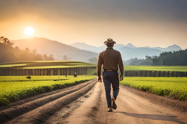 un hombre camina por un camino de tierra en la puesta de sol