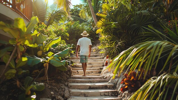 Foto un hombre camina por un camino a través de una jungla con un sombrero puesto