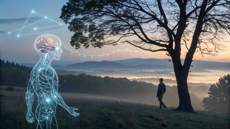 un hombre camina en un campo con un árbol y una puesta de sol en el fondo