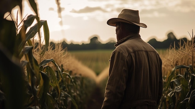 Un hombre camina por un campo de maíz frente a una puesta de sol.