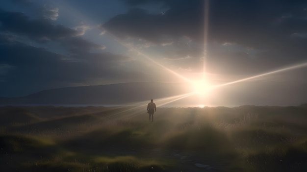 Un hombre camina por un campo con el sol brillando en el horizonte.