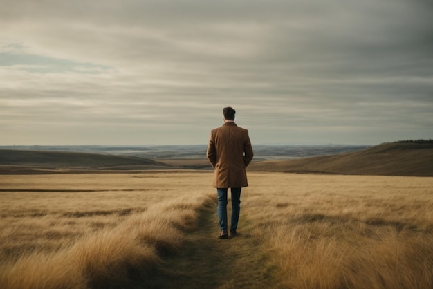 Un hombre camina por un campo