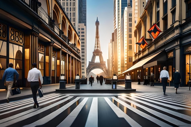 Un hombre camina en un centro comercial con vistas a la torre Eiffel al fondo.