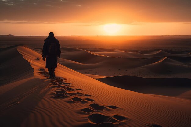 Un hombre camina por el desierto al atardecer.