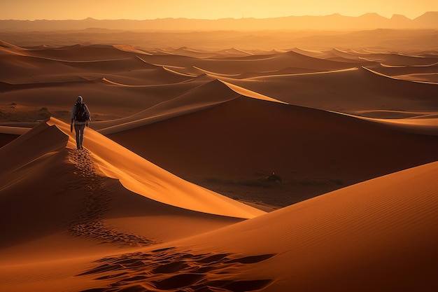 Un hombre camina por el desierto al atardecer.