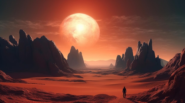 Un hombre camina por un desierto con una luna roja de fondo.