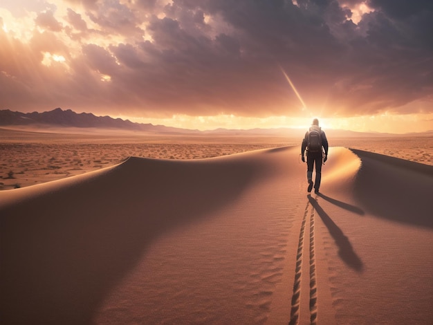 Un hombre camina por el desierto con una puesta de sol de fondo.