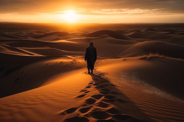 Un hombre camina por el desierto con el sol poniéndose detrás de él.