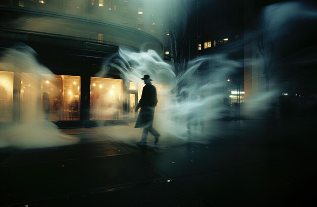 un hombre camina frente a una tienda con humo saliendo de ella