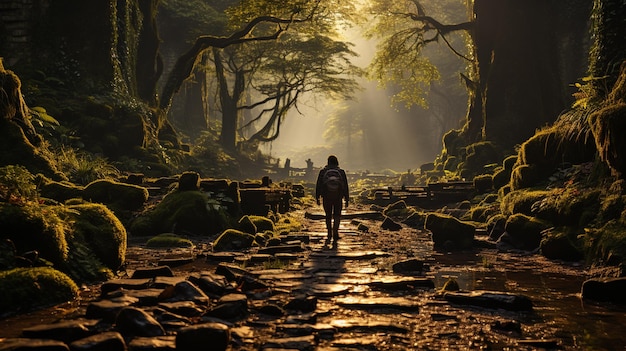 Un hombre camina por un hermoso bosque