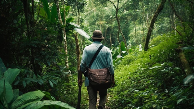 Un hombre camina por la jungla con una bolsa al hombro.