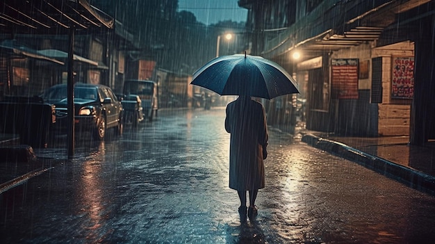 Un hombre camina bajo la lluvia con un paraguas bajo la lluvia.