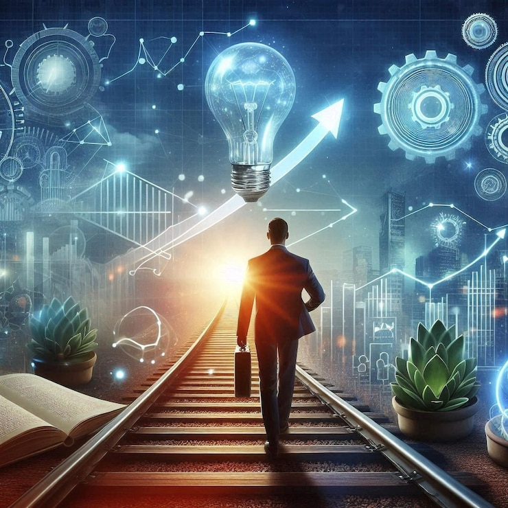 un hombre camina a lo largo de una vía de tren imagen de concepto logrando metas de vida