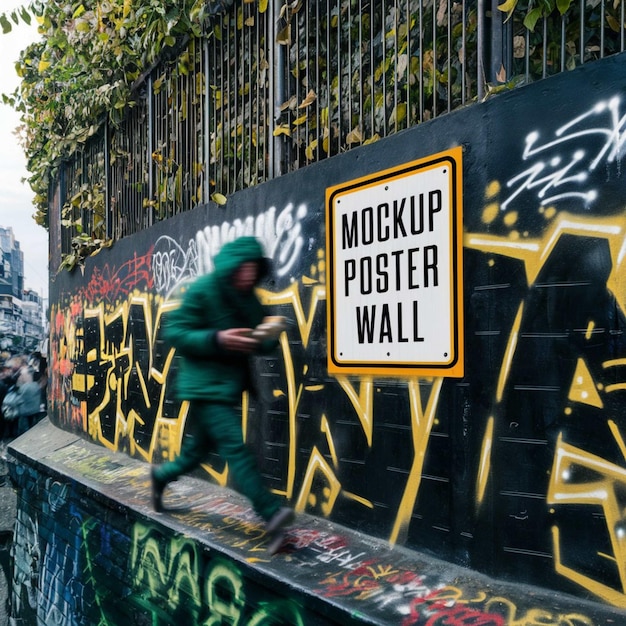 un hombre camina más allá de una pared con graffiti en ella