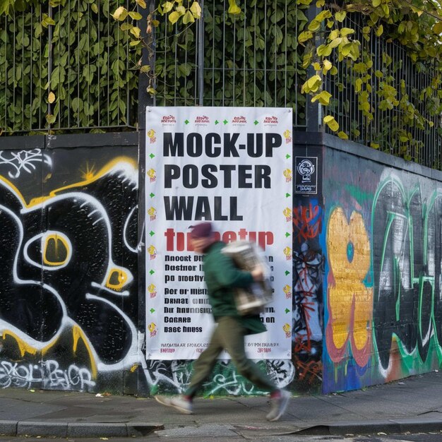 un hombre camina más allá de una pared con un letrero que dice pared de garabateo