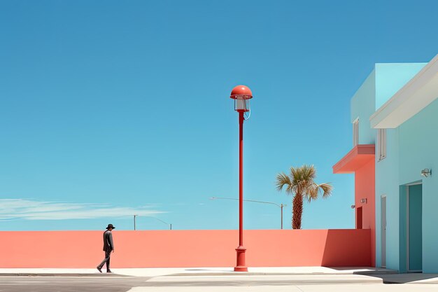 Foto un hombre camina más allá de una pared roja con una luz roja