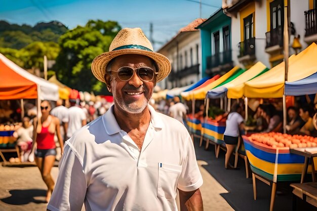 Foto un hombre camina por un mercado callejero con un sombrero de paja en la cabeza.