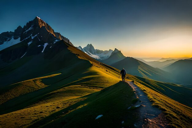 un hombre camina por una montaña con una montaña en el fondo.