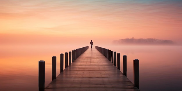 Foto un hombre camina por un muelle durante el amanecer al estilo de andreas levers.