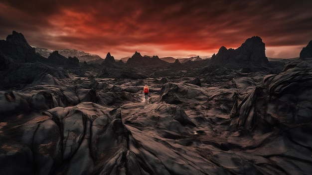 Un hombre camina por un paisaje rocoso con un cielo rojo y el sol se está poniendo.