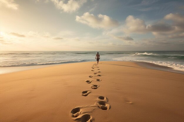 un hombre camina por la playa en la arena.