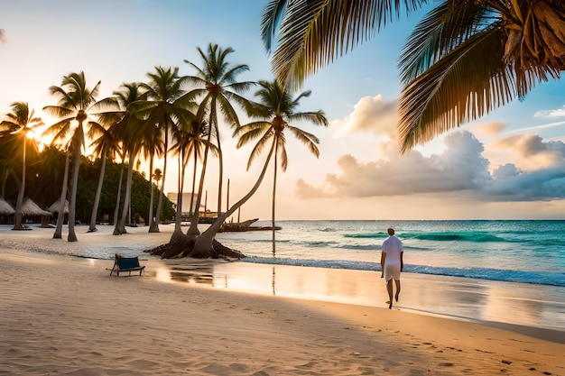 un hombre camina por la playa frente a una playa bordeada de palmeras.
