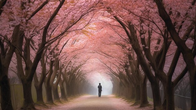 un hombre camina por un sendero con cerezos en flor al fondo.