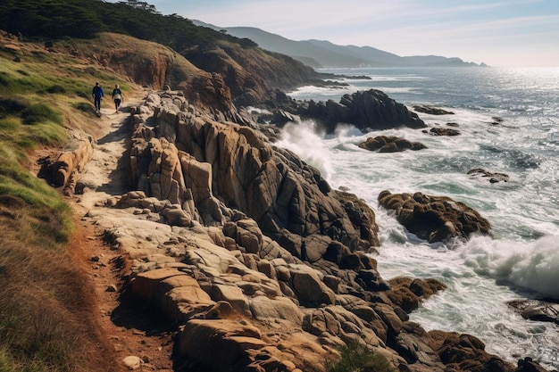 un hombre camina por un sendero a lo largo de la costa.