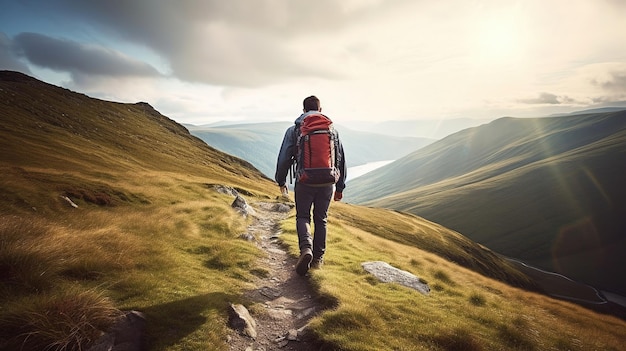 Un hombre camina por un sendero de montaña con una mochila roja.