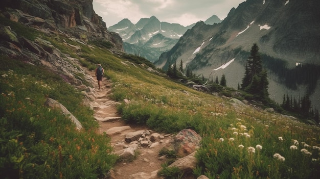 Un hombre camina por un sendero de montaña en las montañas.