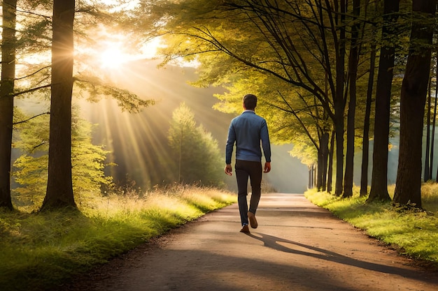 Un hombre camina por un sendero con el sol brillando a través de los árboles.
