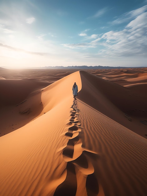Un hombre camina sobre una duna de arena en el desierto del sahara.