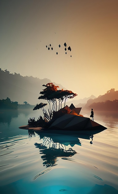 Un hombre camina sobre una pequeña isla en medio de un lago con un árbol y un pájaro volando en el cielo.