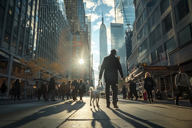 Un hombre camina con su perro por una calle de la ciudad