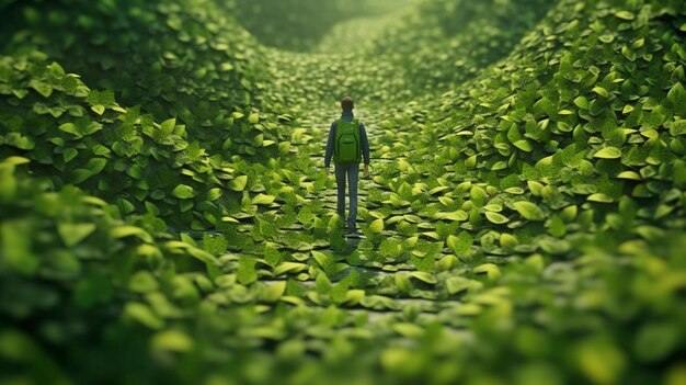 Un hombre camina a través de un ai frondoso forestgenerative verde