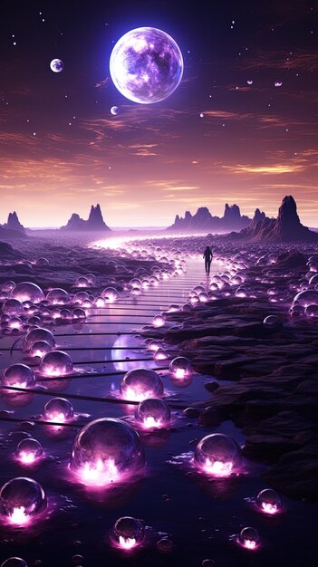 un hombre camina a través de un lago con una luz púrpura en el medio