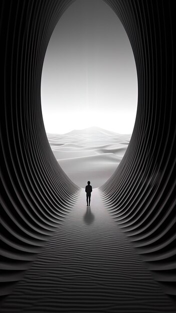 un hombre camina a través de un túnel que tiene un hombre en el medio