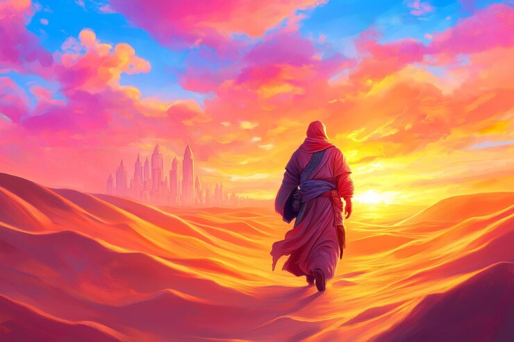 Foto el hombre camina a través del vibrante paisaje desértico hacia una ciudad distante al atardecer con nubes dramáticas y luz dorada iluminando las arenas