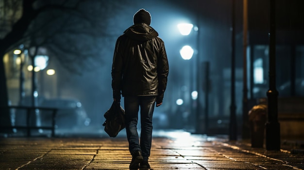 un hombre caminando por una acera de noche