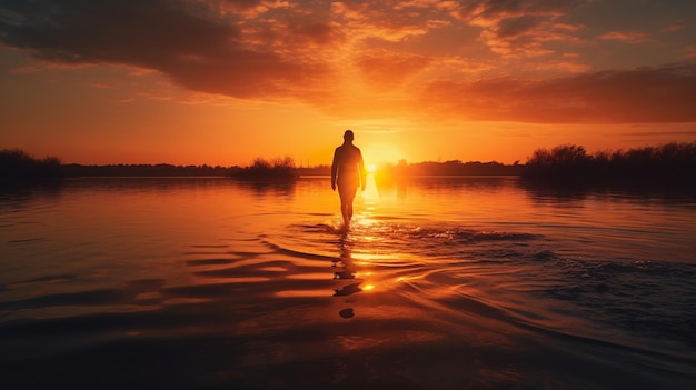 Un hombre caminando en el agua al atardecer.