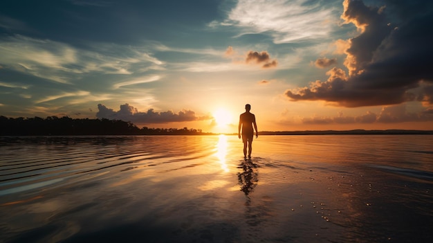 Un hombre caminando en el agua al atardecer.