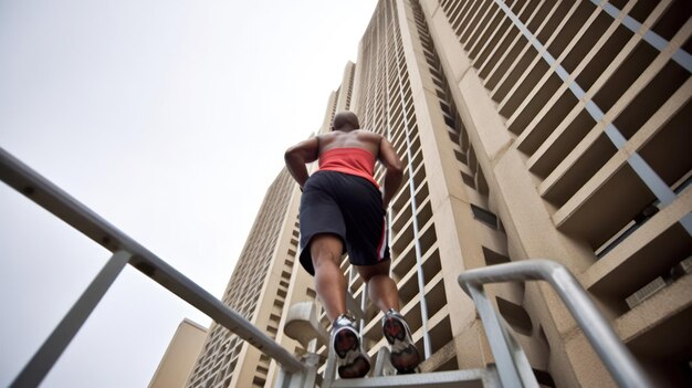 Foto un hombre caminando por una barandilla frente a un edificio.