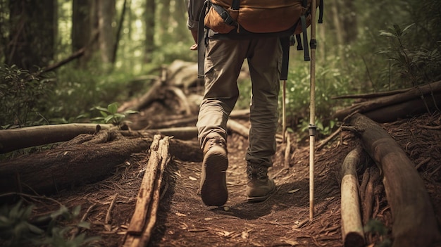 Un hombre caminando en un bosque con una mochila en el sendero.