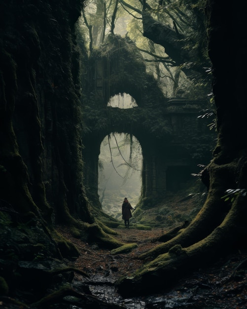 un hombre caminando por un bosque oscuro con un arco en el fondo