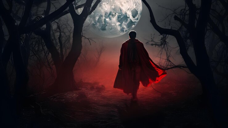 Un hombre caminando en un bosque oscuro con luna llena al fondo