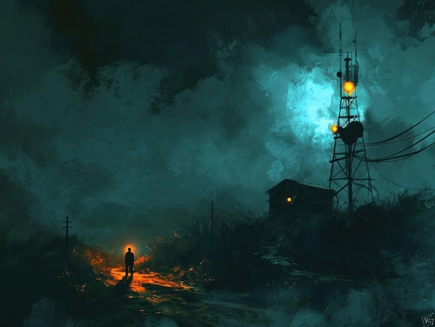 Un hombre caminando por un bosque oscuro por la noche con una linterna en la distancia hay una torre alta con una luz brillante que brilla desde la parte superior