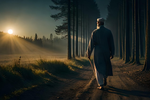 Un hombre caminando en el bosque con el sol detrás de él.