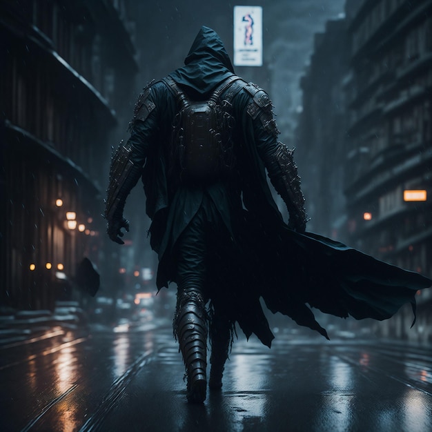Un hombre caminando por una calle en una ciudad oscura con un letrero que dice 'el caballero oscuro'